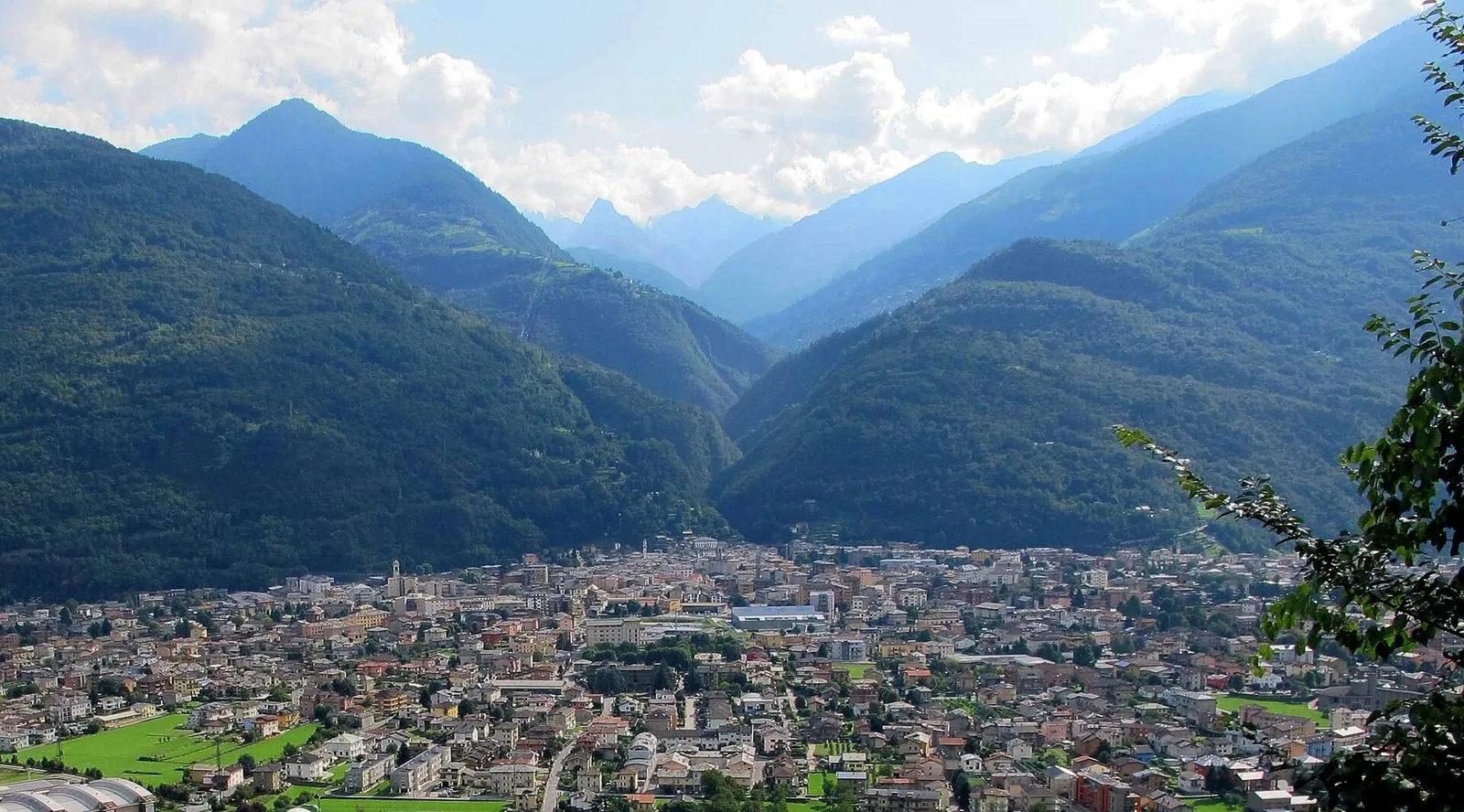 Veduta dall'alto di Morbegno nel fondovalle, circondata da montagne boscose
